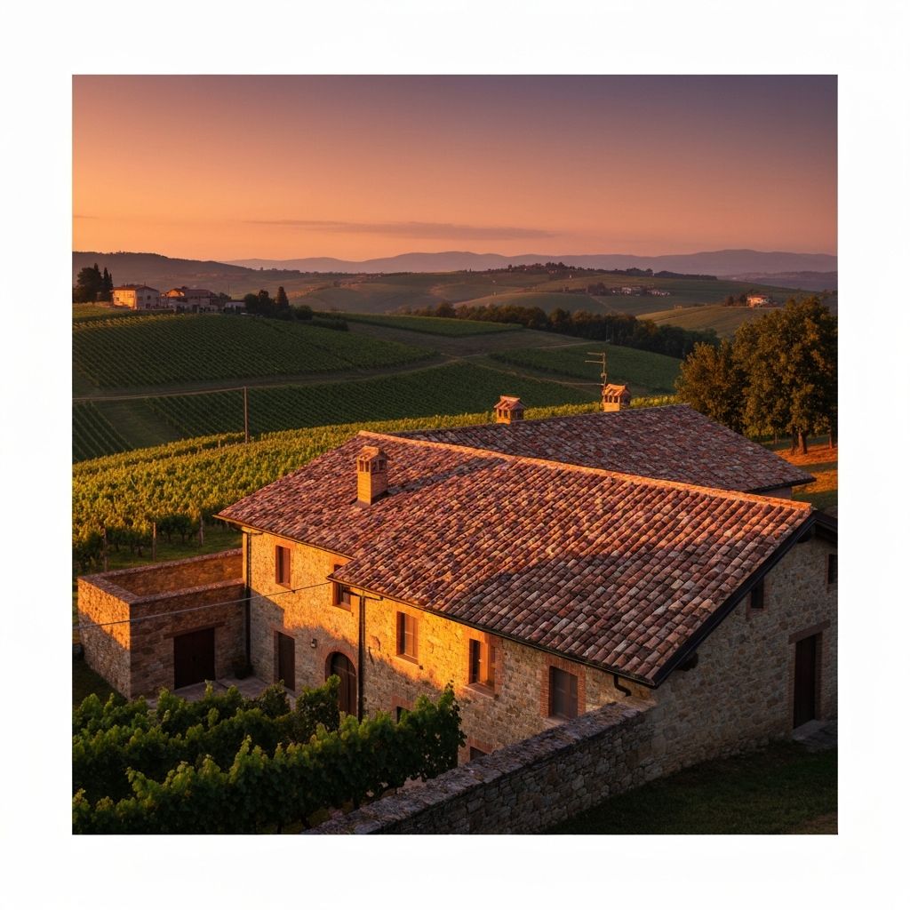 Cascina tradizionale delle Langhe con tetto in coppi appena restaurato, circondata da vigneti